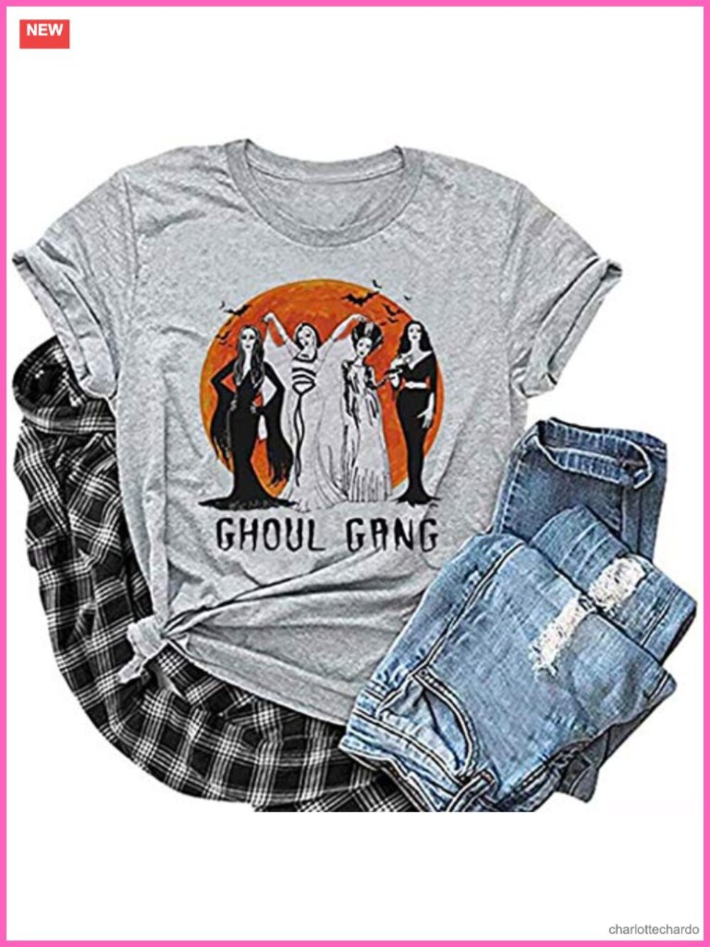 Ghoul Gang Halloween Graphic Tee Womens Short Sleeve Cotton Blend T-Shirt